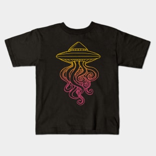 UFO Ocotopus Hybrid Yellow Pink Line Art Drawing Illustration Kids T-Shirt